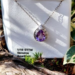 Genuine Amethyst Teardrop Pendant 1/10 CTTW Diamond Clarity i3 Sterling Silver